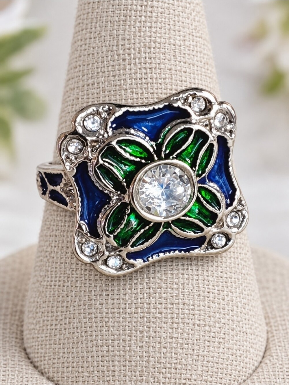 Enameled Navy Blue Green Clear Rhinestones Silver Rhodium Plated Size 8 Ring NEW
